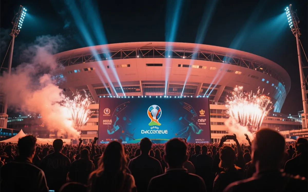 决赛前的球场与烟火氛围，观众席灯光与紧张感