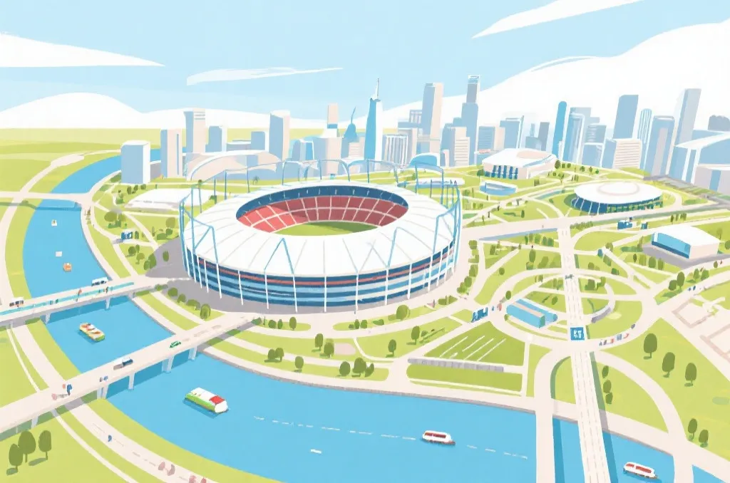 FIFA选址评估场景：球场升级、城市交通与赛事运营协调的概念插画